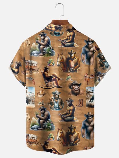 Moisture-Wicking American Western Cowboy Bigfoot Chest Pocket Hawaiian Shirt
