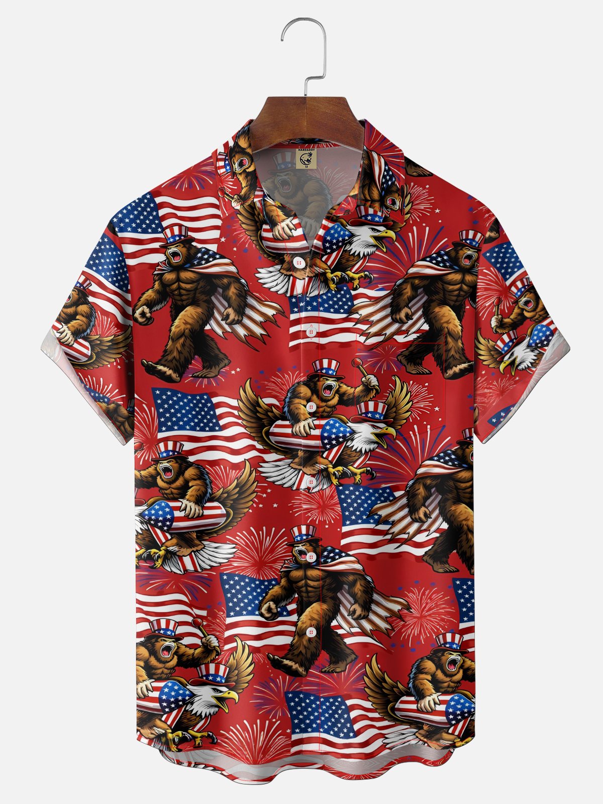 Moisture Wicking American Independence Day Anniversary Flag Bigfoot Chest Pocke Holiday Hawaiian Shirt
