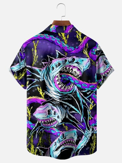 Moisture-wicking Ocean Abstract Shark Chest Pocket Hawaiian Shirt