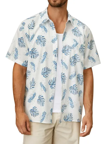 Leaf Chest Pocket Short Sleeve Beach Hawaiian Shirt