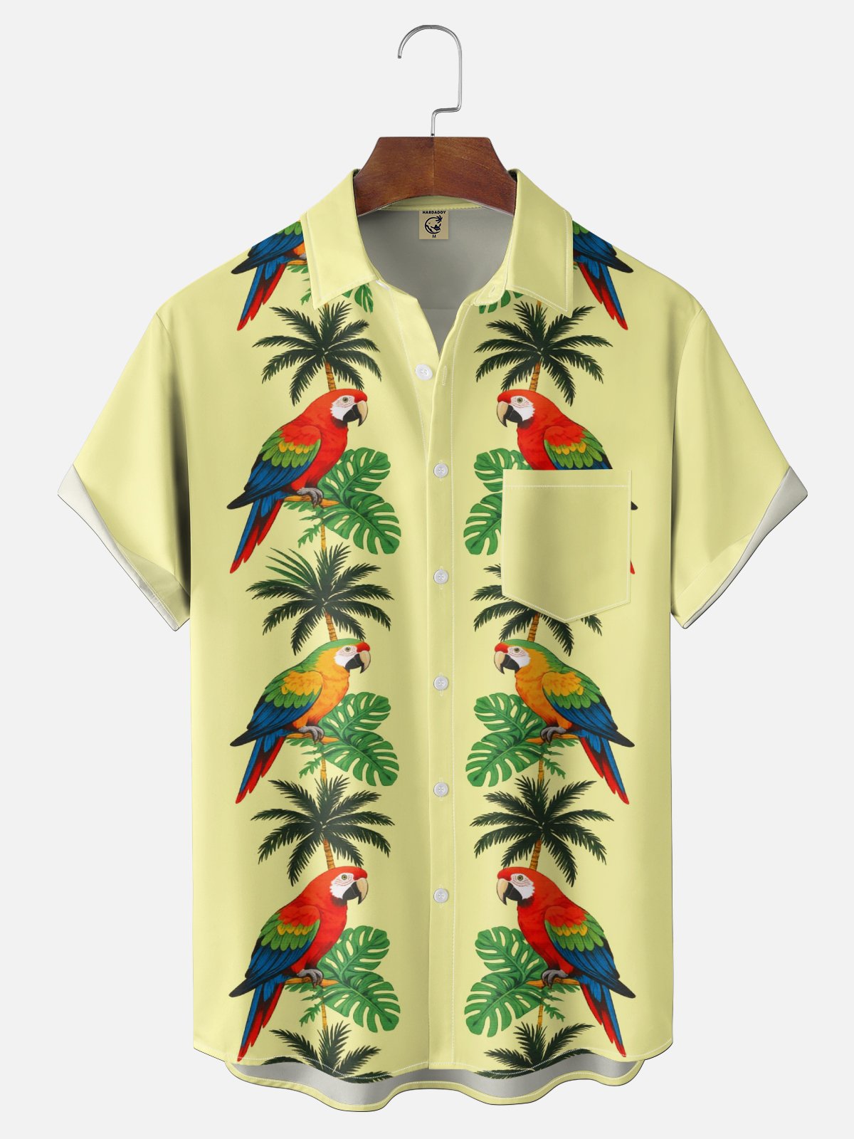 Moisture-Wicking  Coconut Trees Palm Leaves Parrots Chest Pocket Hawaiian Shirt