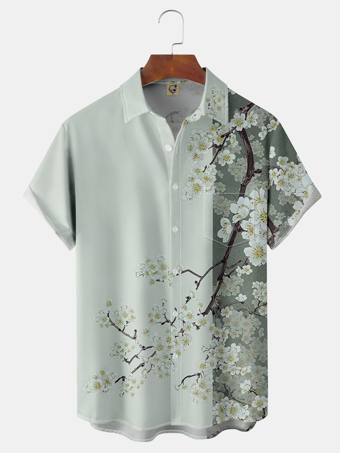 Big Size Floral Sakura Chest Pocket Short Sleeve Hawaiian Shirt