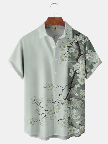 Big Size Floral Sakura Chest Pocket Short Sleeve Hawaiian Shirt