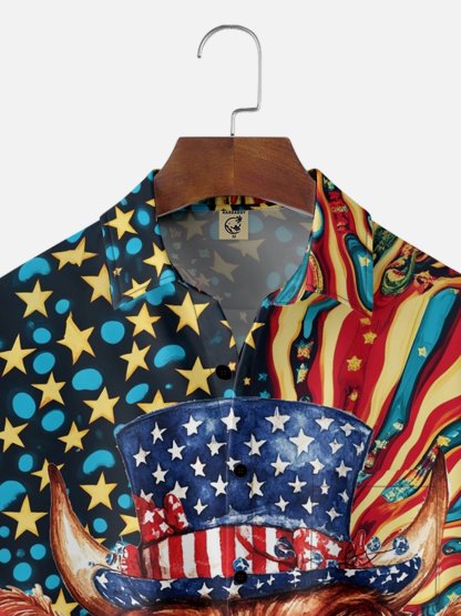 Moisture-wicking American Flag Western Cow Chest Pocket Casual Shirt