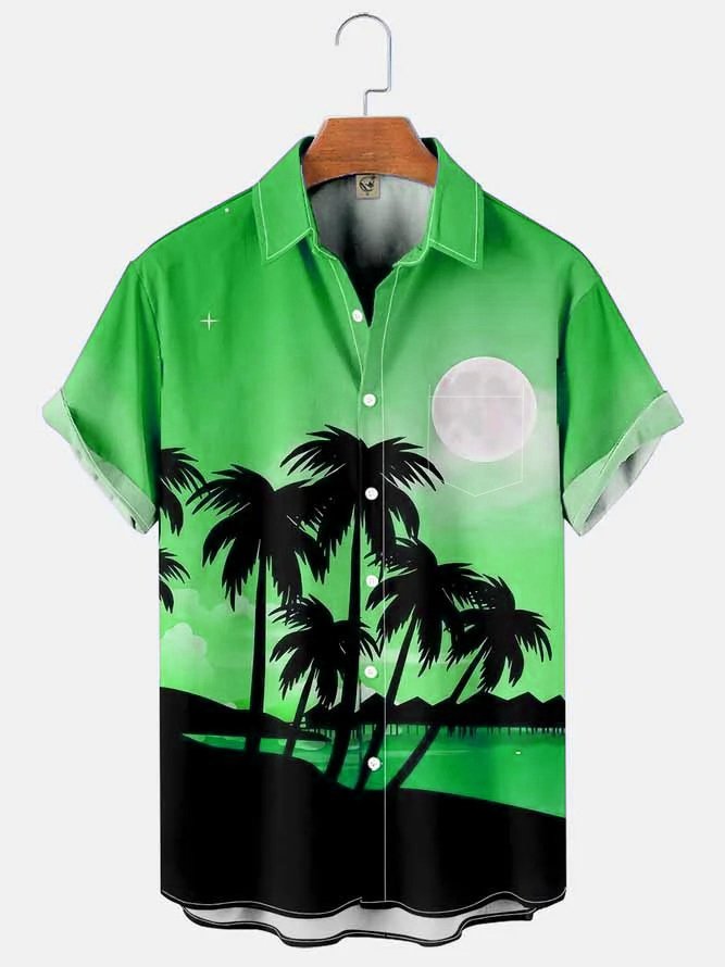 Tall Size Moisture-wicking Palm Tree Chest Pocket Hawaiian Shirt