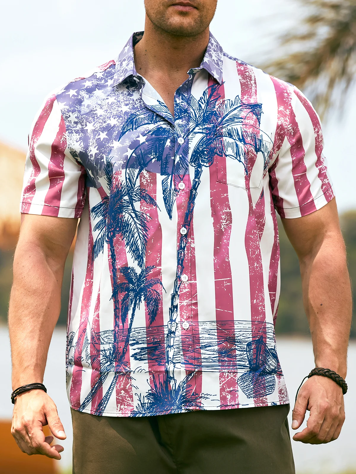 American Flag Coconut Tree Chest Pocket Short Sleeve Hawaiian Shirt