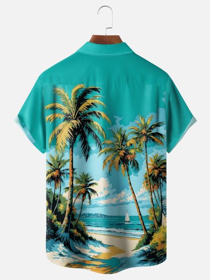 Moisture-wicking Coconut Tree Beach Chest Pocket Hawaiian Shirt