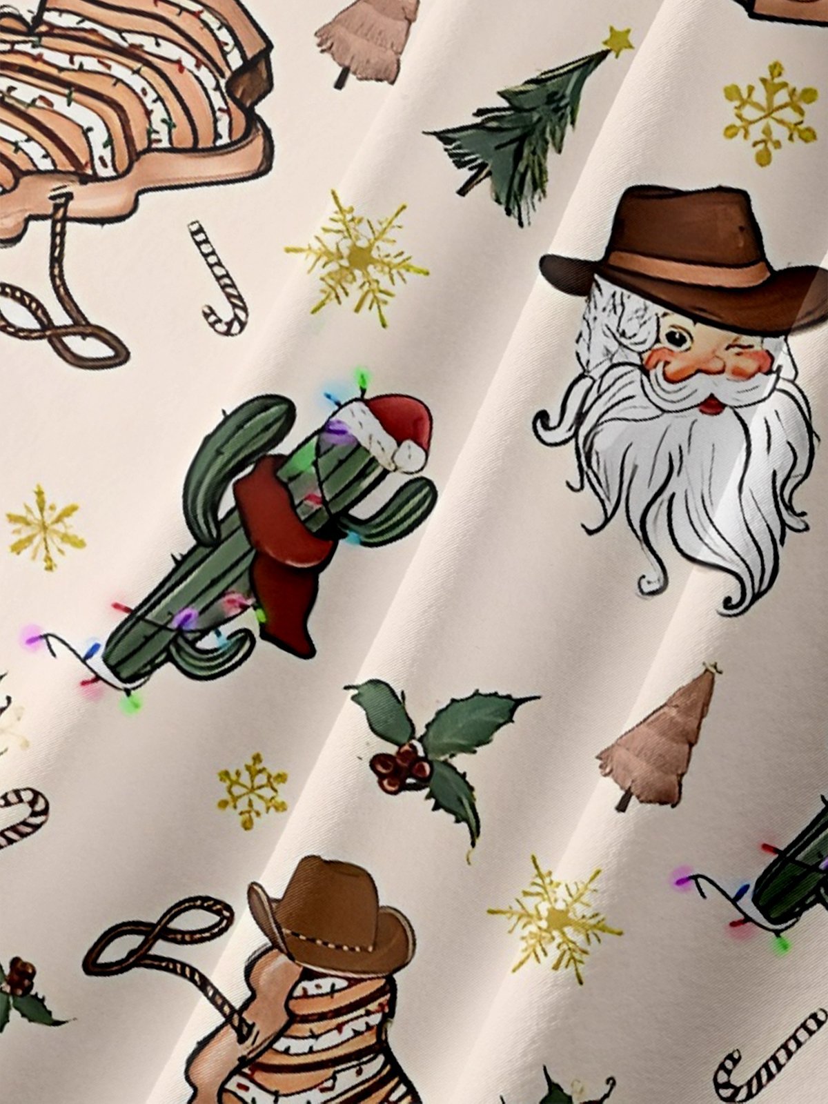 Moisture-Wicking Christmas Santa Claus Cowboy Hat Cactus Chest Pocket Hawaiian Shirt