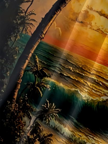 Moisture-wicking Palm Tree Sailing Boat Chest Pocket Hawaiian Shirt