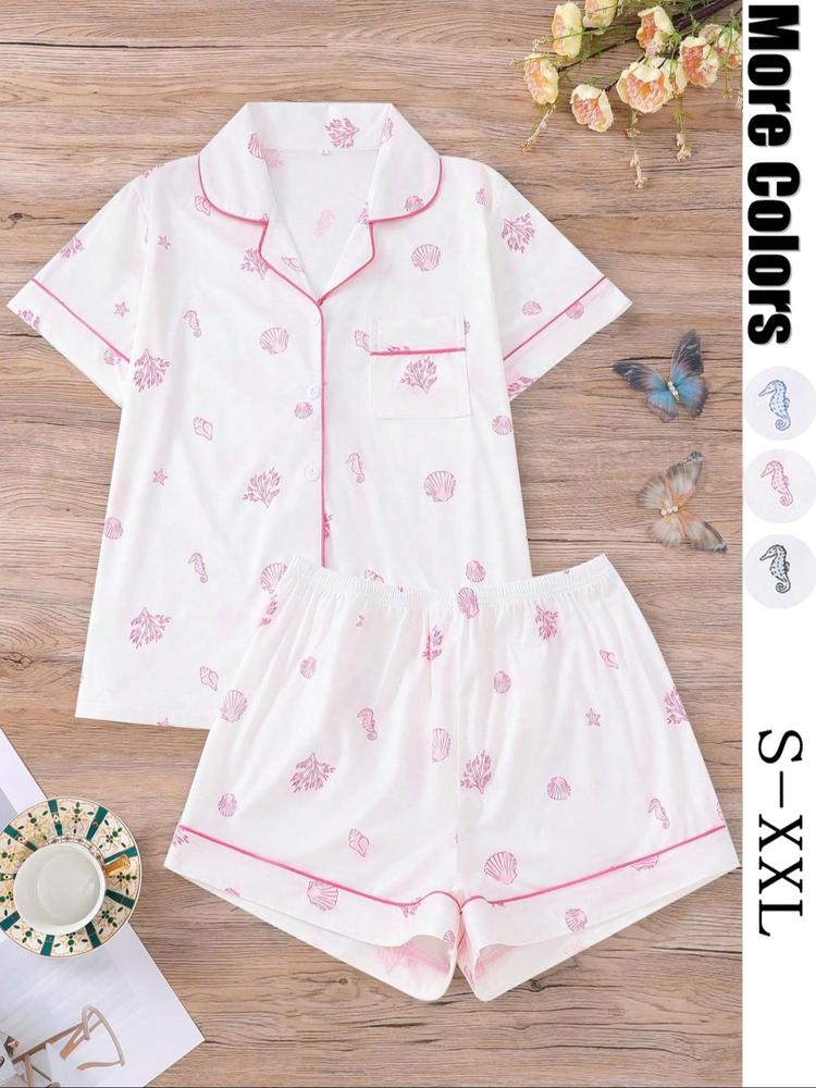 Women's Shell & Fish Print Short Sleeve Top & Elastic Waist Shorts Pyjama Set, Casual Comfy Top & Shorts Set, Ladies Summer Sleepwear