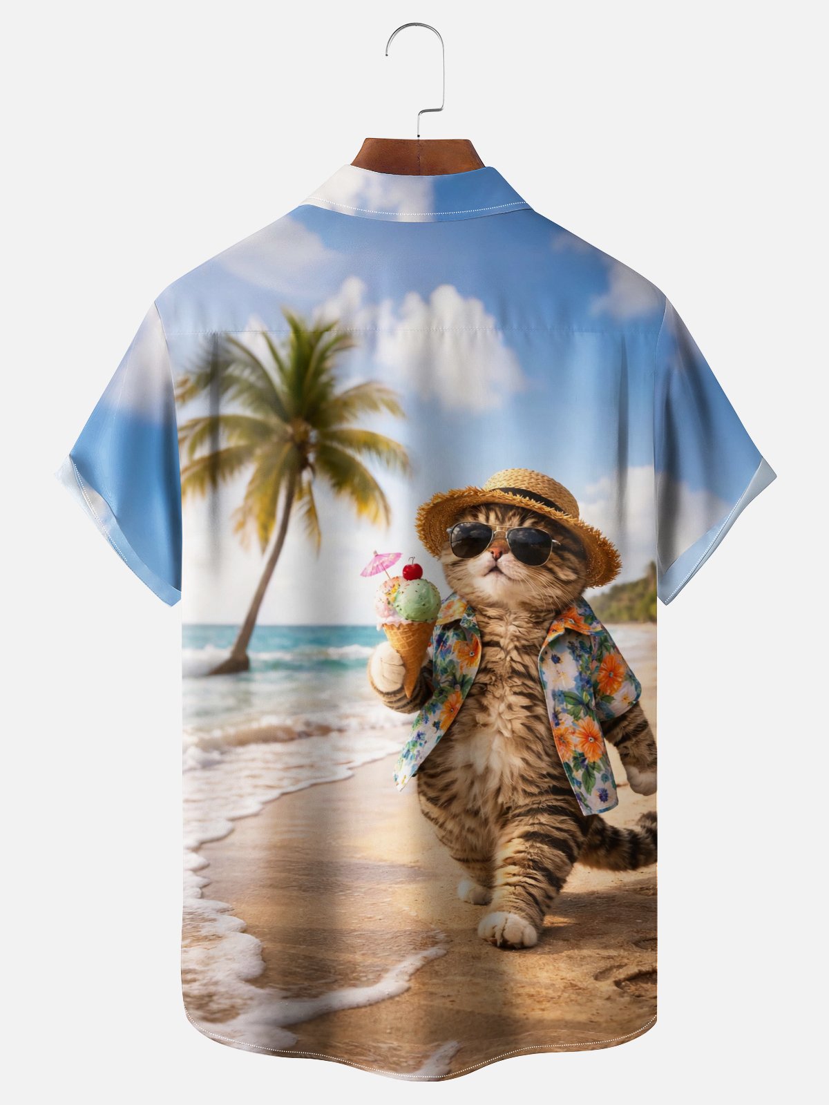 Moisture-wicking Cat Beach Coconut Tree Chest Pocket Hawaiian Shirt
