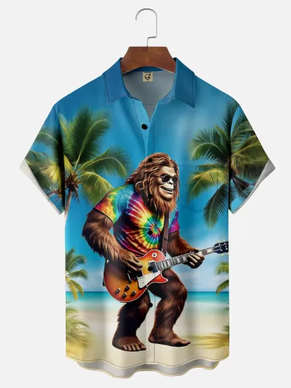 Moisture Wicking Hippie Bigfoot Guitar Coconut Tree Chest Pocket Hawaiian Shirt