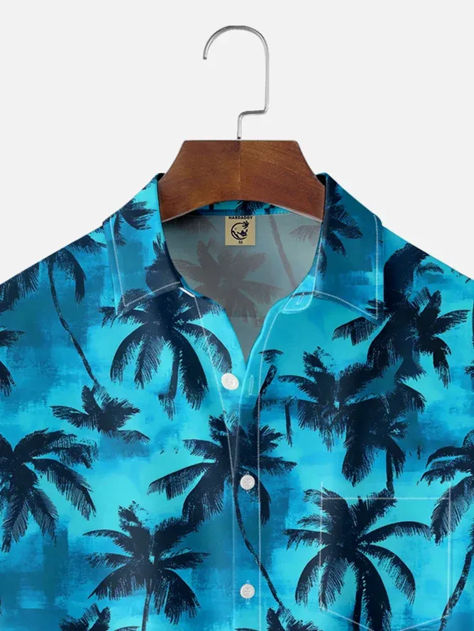 Tall Size Moisture-wicking Palm Tree Chest Pocket Hawaiian Shirt