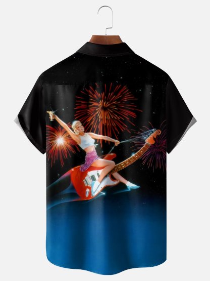 Moisture Wicking Beauty Guitar Chest Pocket Hawaiian Shirt