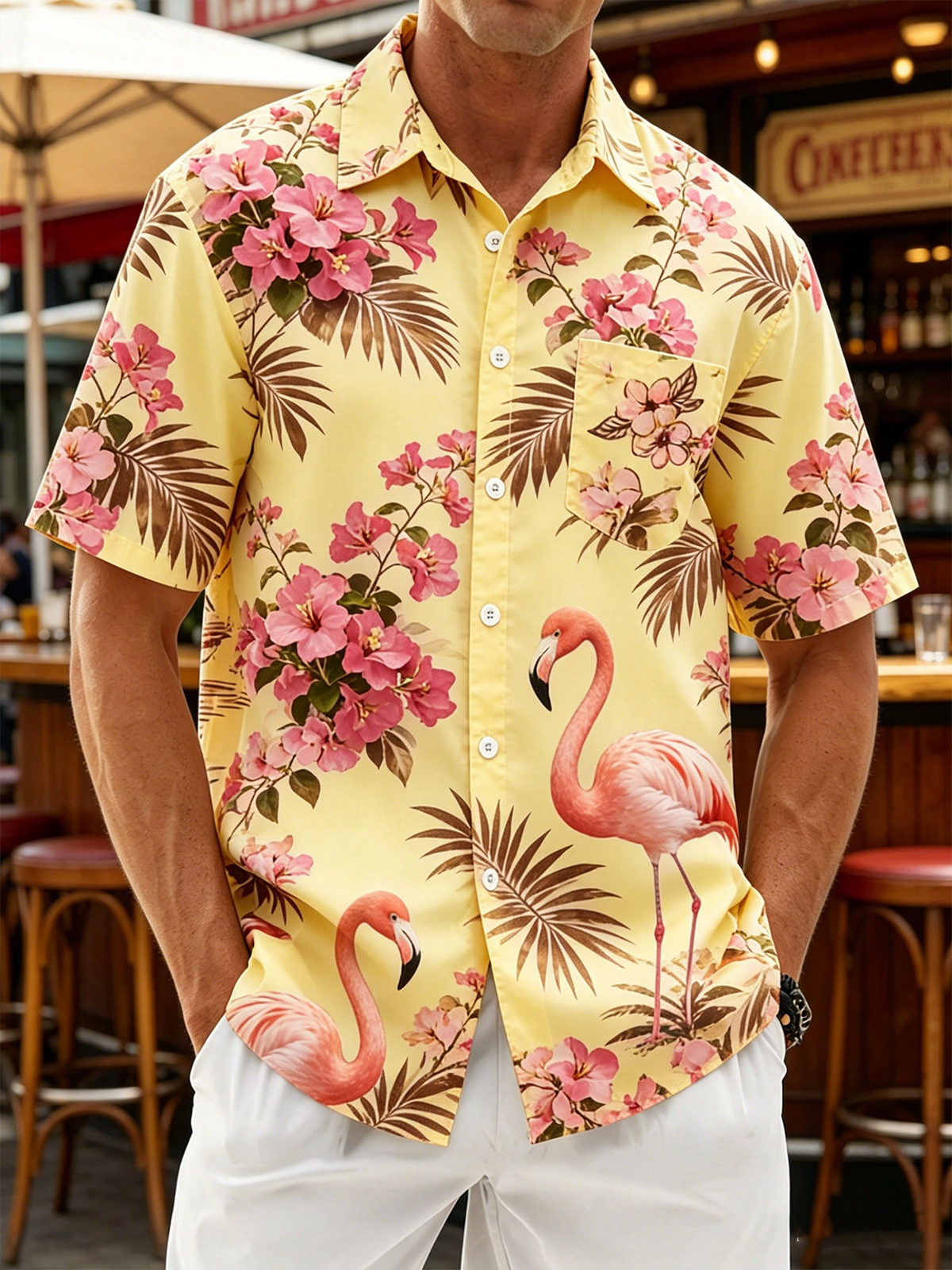 Linen Texture  Botanical Floral Flamingo Print with Chest Pocket Holiday Hawaiian Shirt