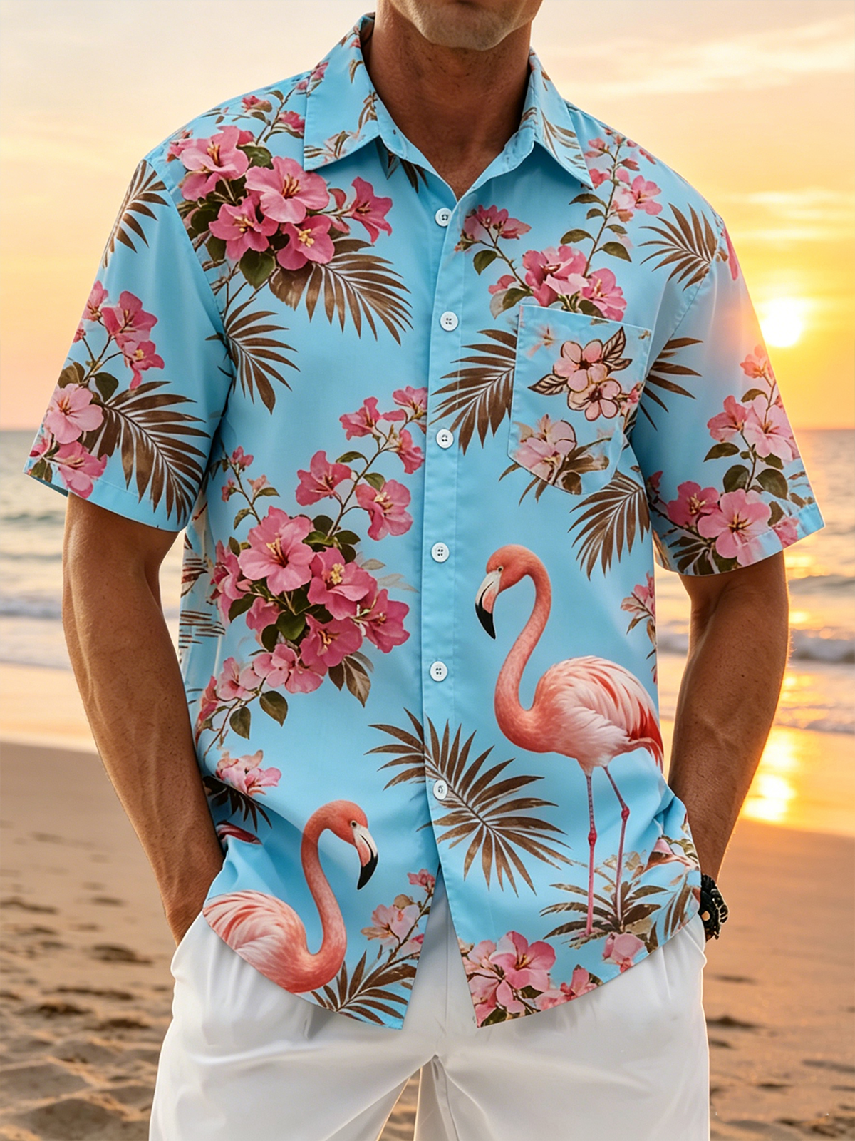 Linen Texture  Botanical Floral Flamingo Print with Chest Pocket Holiday Hawaiian Shirt