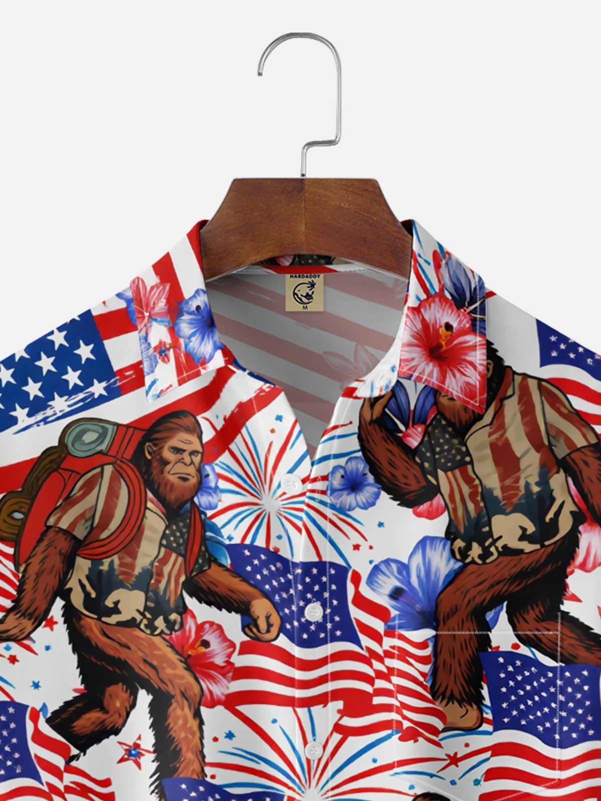 Moisture Wicking American Independence Day Anniversary Flag Plants Flowers Bigfoot Chest Pocke Holiday Hawaiian Shirt