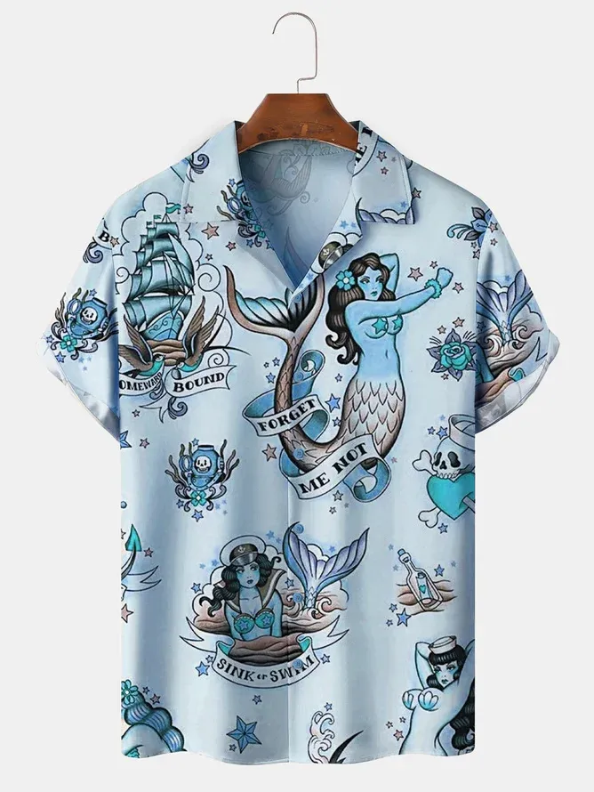 Mens Mermaid Print Front Buttons Soft Breathable Loose Casual Hawaiian Shirt