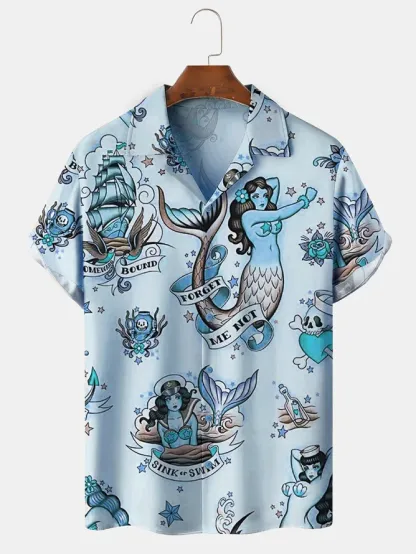 Mens Mermaid Print Front Buttons Soft Breathable Loose Casual Hawaiian Shirt