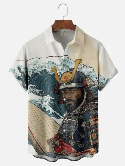 Moisture Wicking Ukiyo-e Wave Samurai Chest Pocket Hawaiian Shirt
