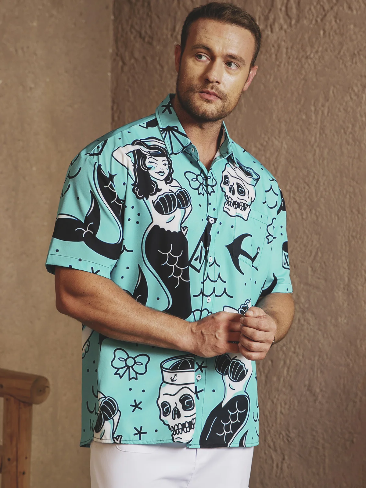 Mermaid Chest Pocket Short Sleeve Hawaiian Shirt