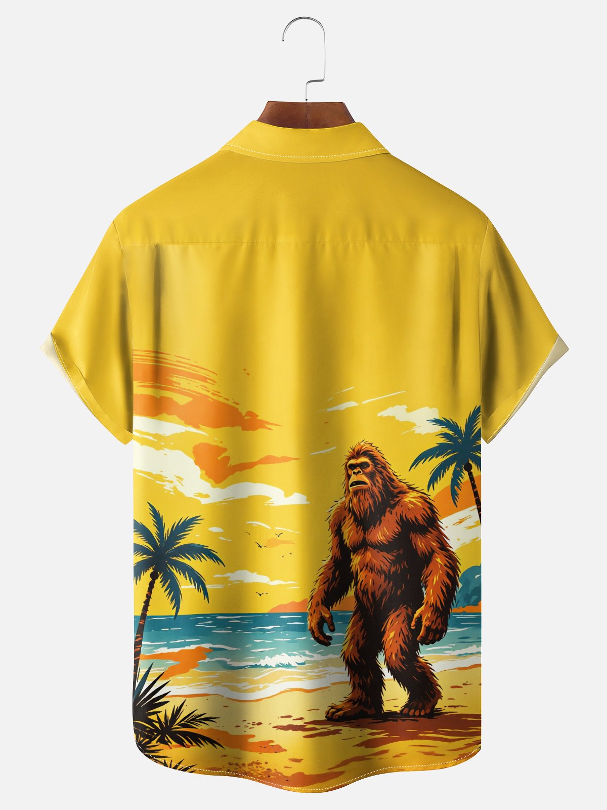 Moisture-Wicking Gradient Coconut Trees Beach And Bigfoot Print Chest Pocket Hawaiian Shirt