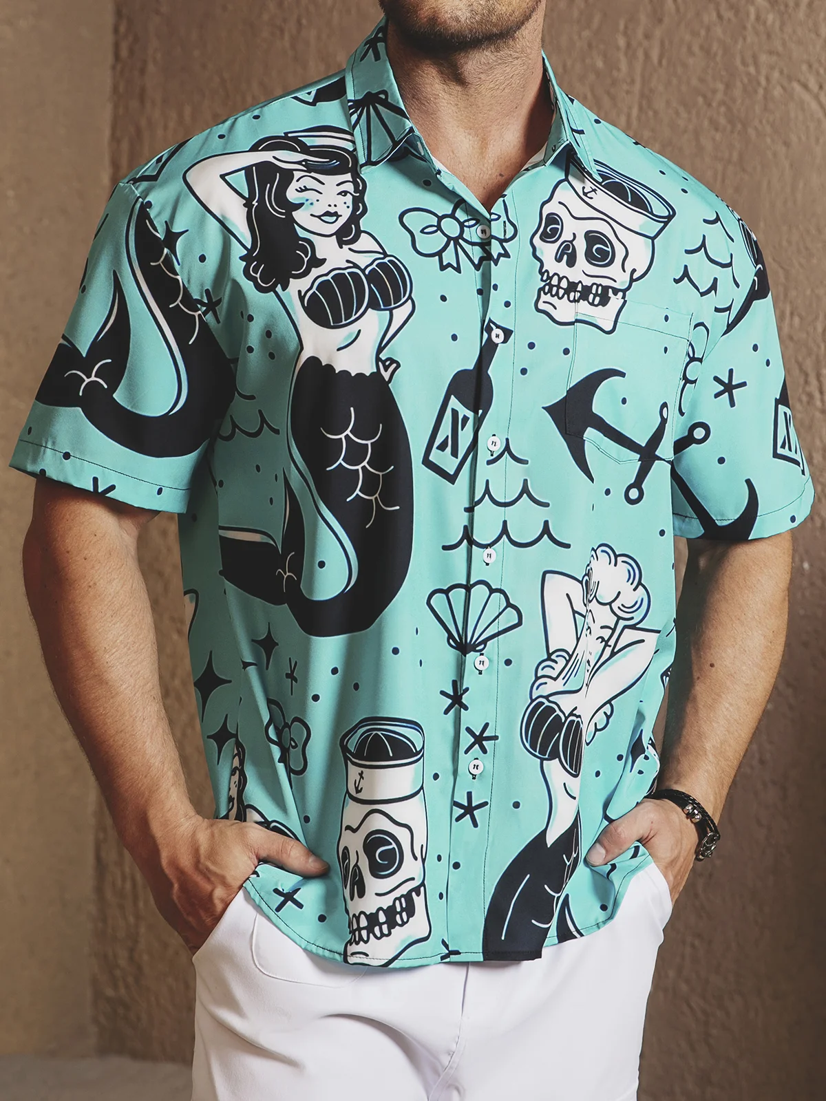 Mermaid Chest Pocket Short Sleeve Hawaiian Shirt
