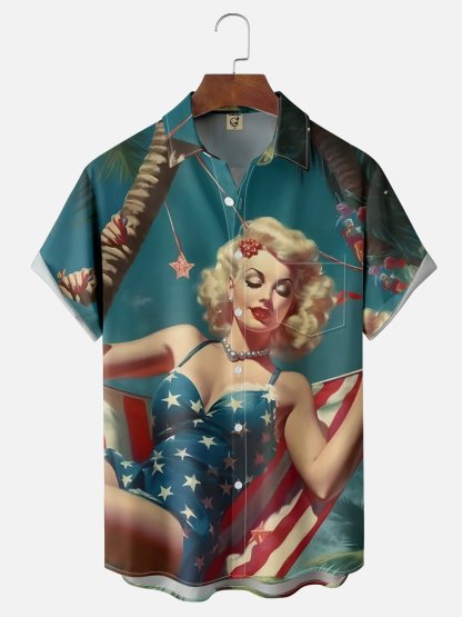 Moisture Wicking Beach American Vintage Beauty Chest Pocket Hawaiian Shirt
