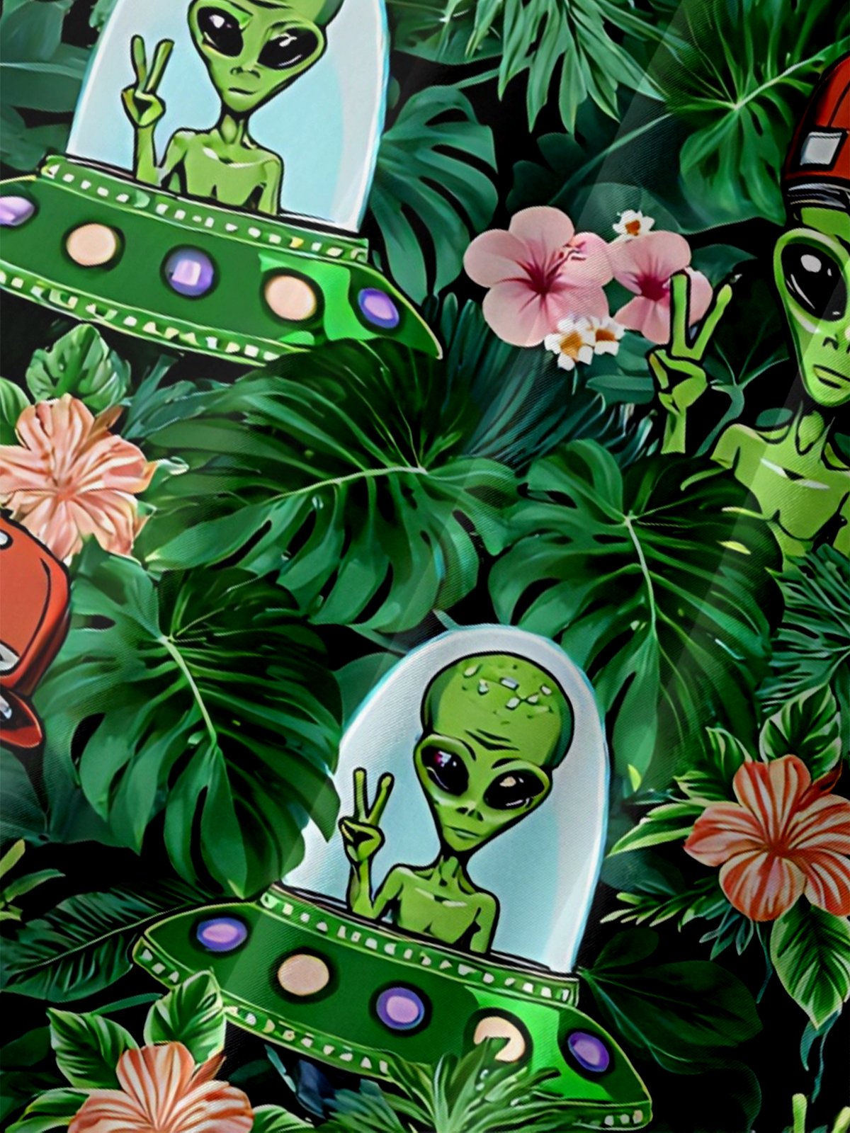 Moisture Wicking Leaf Floral and Alien Chest Pocket Holiday Hawaiian Shirt