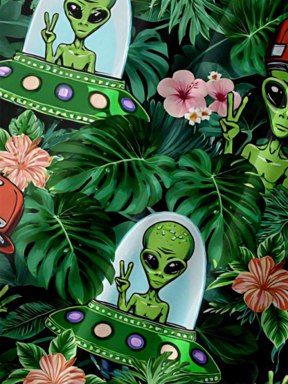 Moisture Wicking Leaf Floral and Alien Chest Pocket Holiday Hawaiian Shirt