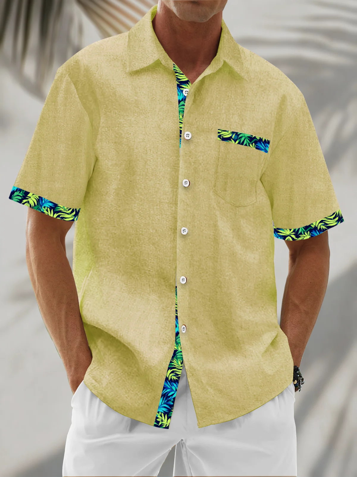 Linen Texture Plant Based Solid Color Patchwork Chest Pocket Holiday Hawaiian Shirt