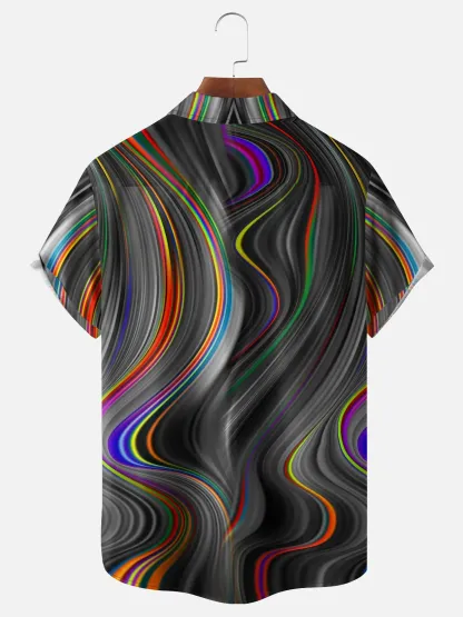 Mens 3D Abstract Print Casual Breathable Chest Pocket Short Sleeve Hawaiian Shirt