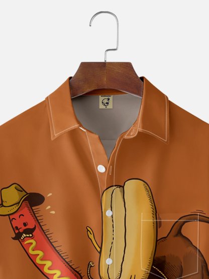 Moisture Wicking Western Hot Dog Cowboy Chest Pocket Hawaiian Shirt