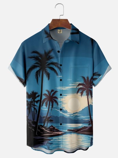 Moisture-wicking Coconut Tree Beach Chest Pocket Hawaiian Shirt