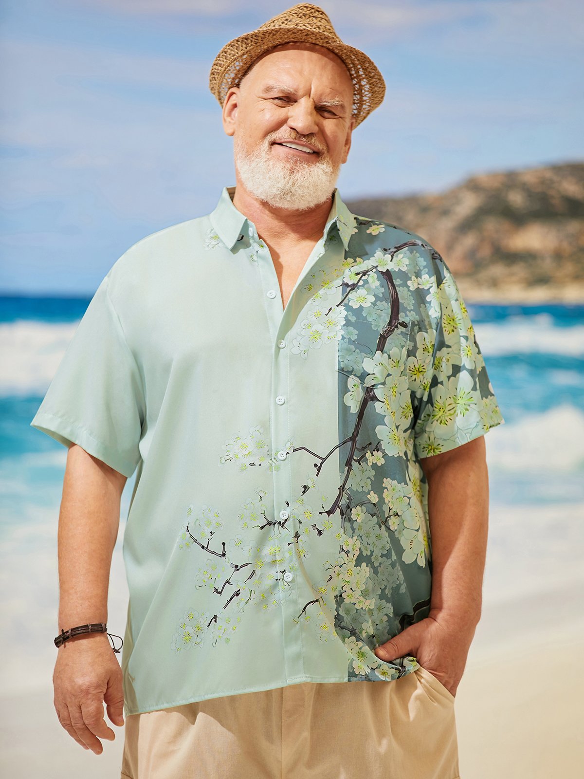 Big Size Floral Sakura Chest Pocket Short Sleeve Hawaiian Shirt