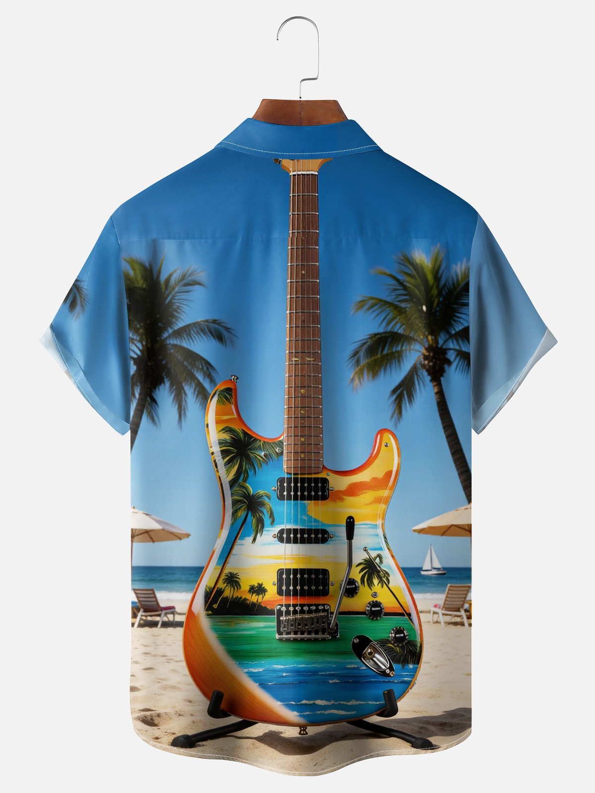 Moisture-wicking Guitar Coconut Tree Beach Chest Pocket Hawaiian Shirt