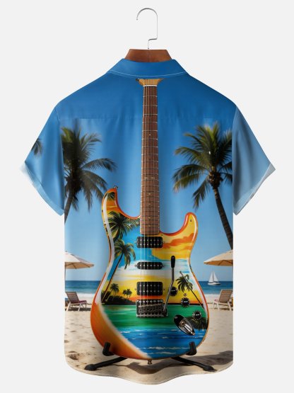 Moisture-wicking Guitar Coconut Tree Beach Chest Pocket Hawaiian Shirt