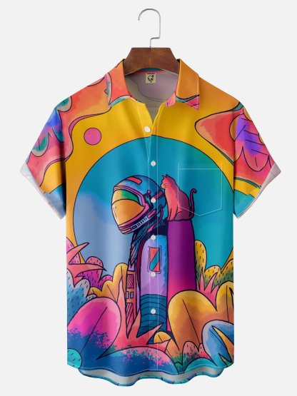 x Stephen Wade Moisture Wicking Abstract Art Landscape Chest Pocket Hawaiian Shirt