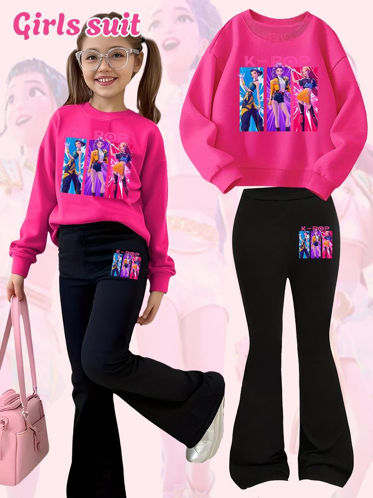 Girls Kpop Demon Hunters Korean Style Cartoon Print Hoodie & Bell Bottoms Set, Fall Winter Fashion, Comfortable Kids Clothing, Christmas Gift, Girl Clothes School