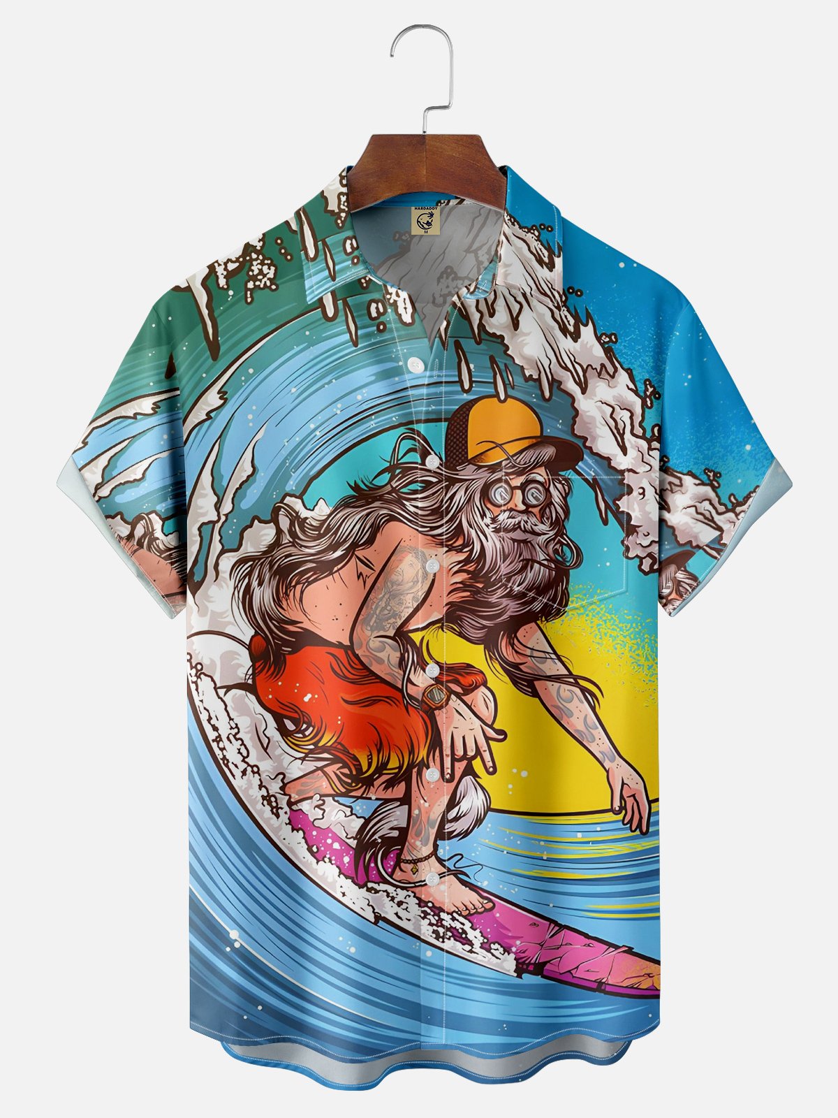 Hardaddy Old Man Surfing Breathable Chest Pocket Hawaiian Shirt