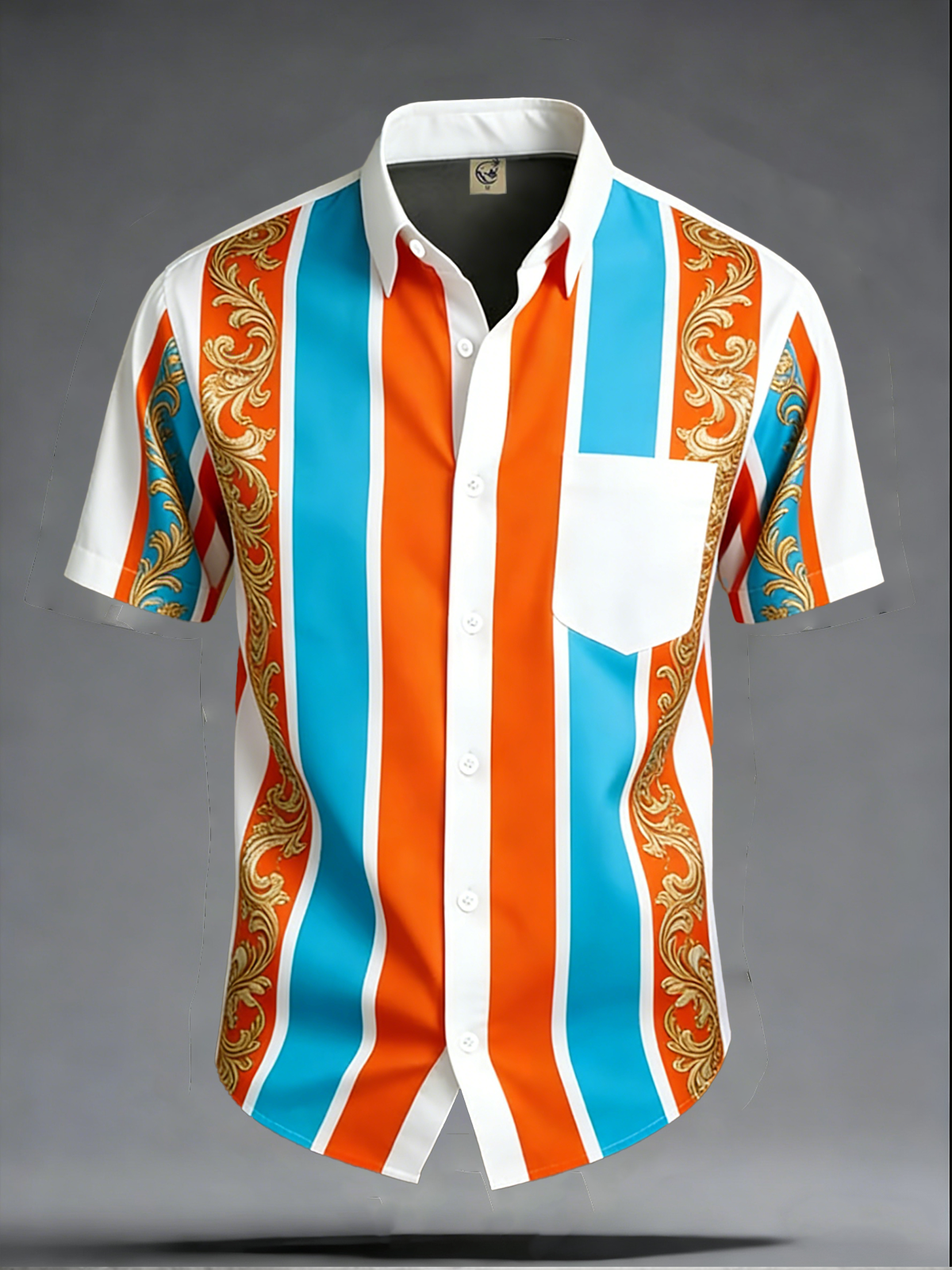 Moisture-Wicking Striped Floral Chest Pocket Hawaiian Shirt