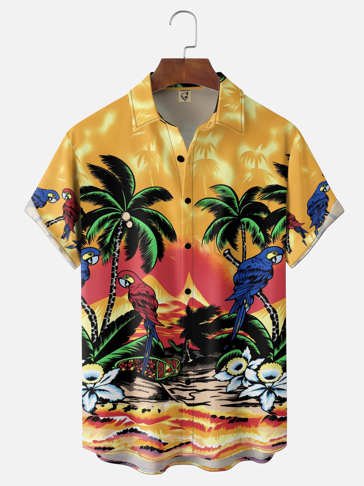 Moisture Wicking Tropical Plants Flowers Coconut Trees and Parrots Chest Pocket Holiday Hawaiian Shirt