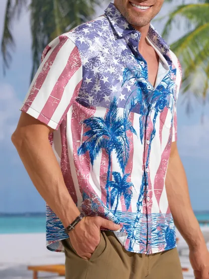 American Flag Coconut Tree Chest Pocket Short Sleeve Hawaiian Shirt