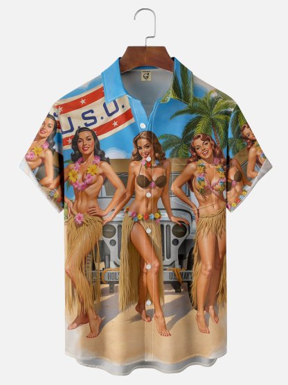 Moisture Wicking Beach Grass Skirt Beauty Chest Pocket Hawaiian Shirt