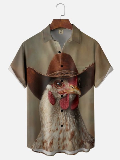 Moisture Wicking Cowboy Hat With Chicken Gradient Color Abstract Painting Chest Pocket Hawaiian Shirt