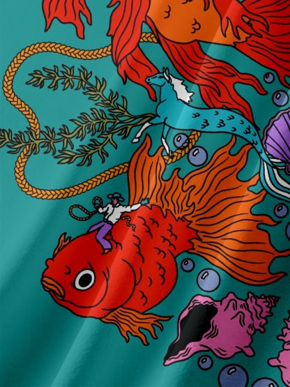 X Artist Janet Johnson Moisture Wicking Abstract Ocean Elements Seahorse Art Painting Chest Pocket Hawaiian Shirt