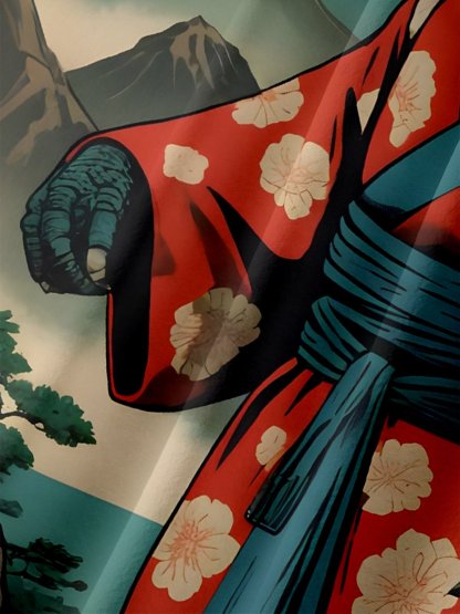 Moisture Wicking Ukiyo-e Dinosaur Chest Pocket Hawaiian Shirt