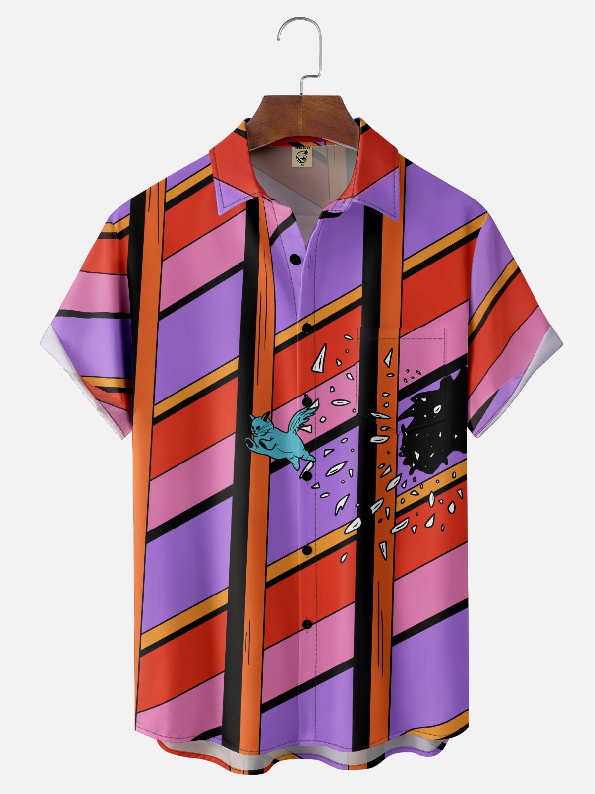 X Artist Janet Johnson Moisture Wicking Abstract Cat Painting Chest Pocket Hawaiian Shirt