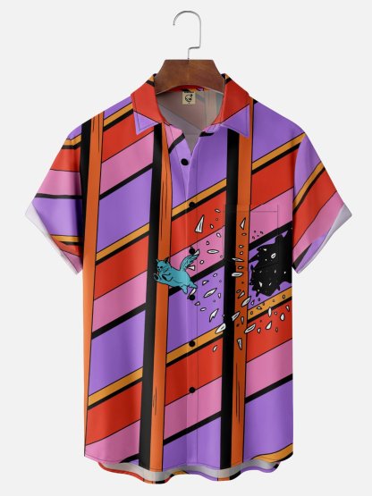 X Artist Janet Johnson Moisture Wicking Abstract Cat Painting Chest Pocket Hawaiian Shirt