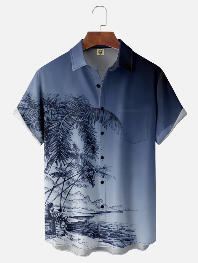 Tall Size Moisture-wicking Gradient Palm Tree Chest Pocket Hawaiian Shirt